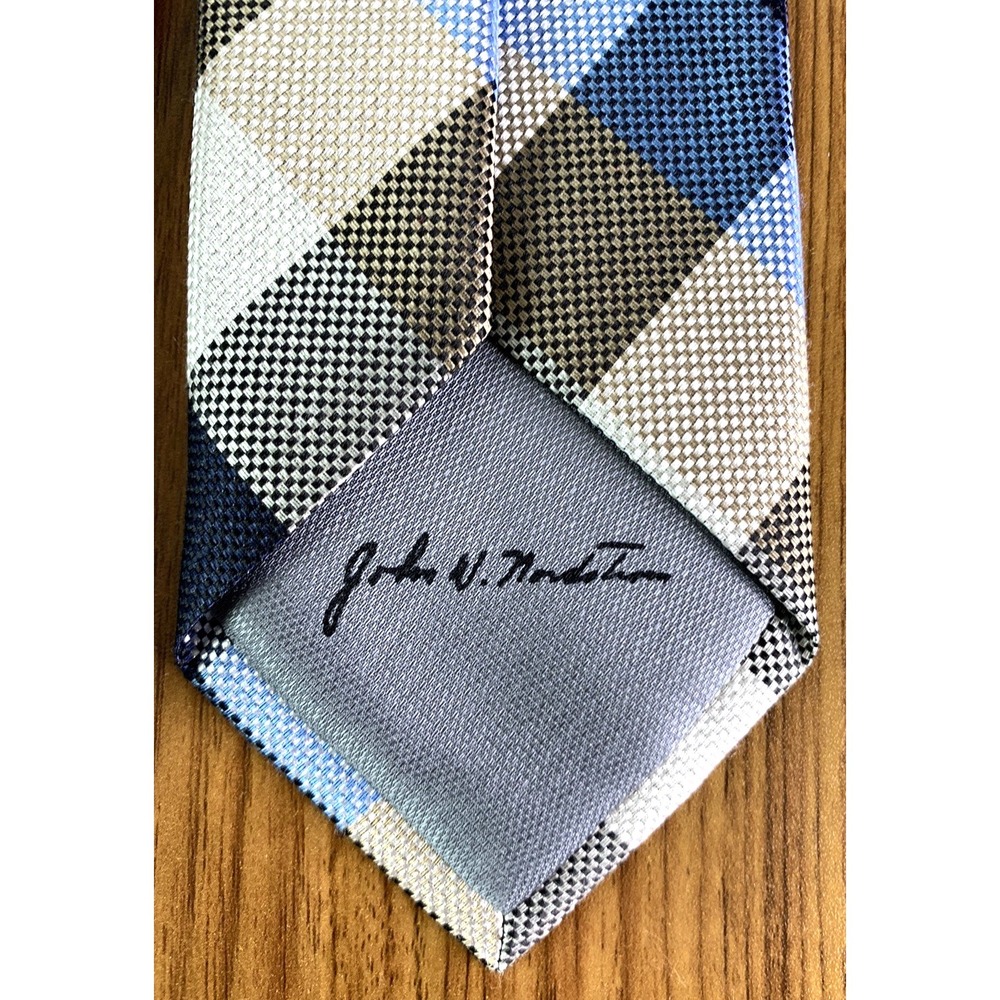 John W. Nordstrom Mens Plaid Checked Silk Linen Tie Preppy Business Blue Tan - Picture 4 of 5